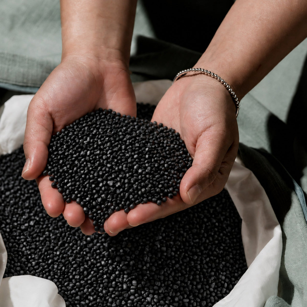 Two hands holding Fill Co Black bean bag beans over an open liner