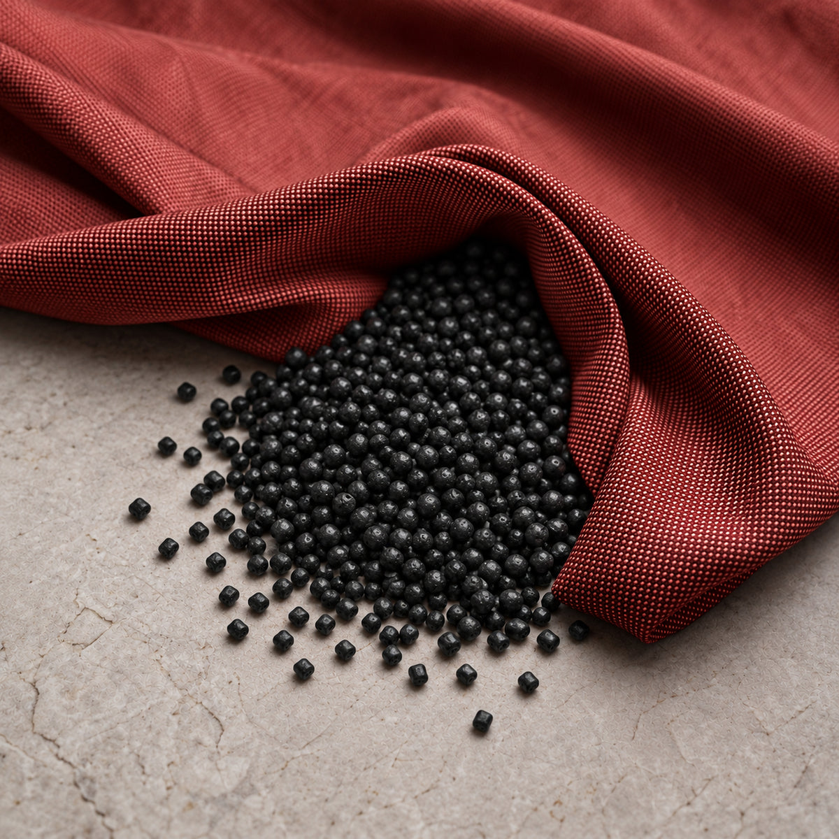 Fill Co Black beans spilling from a madder-red cloth onto stone
