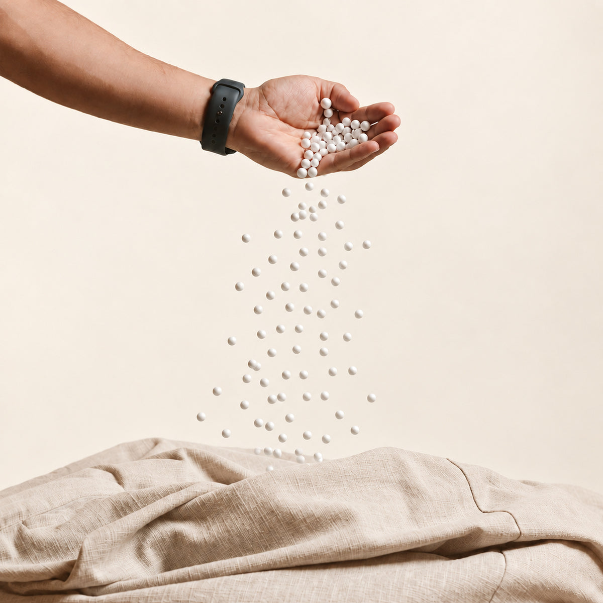 Fill Co White beans pouring from one hand into an oatmeal cover